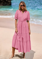 PRETTYGARDEN Women's Midi Dress Casual Short Sleeve V Neck Buttons Belted Ruffle A Line Flowy Dress with Pockets