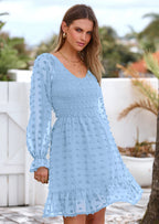 BTFBM Spring Dresses for Women 2026 Long Sleeve Casual V Neck Swiss Dot Smocked Ruffle Chiffon Flowy Mini Summer Dress