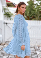 BTFBM Spring Dresses for Women 2026 Long Sleeve Casual V Neck Swiss Dot Smocked Ruffle Chiffon Flowy Mini Summer Dress