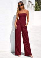 PRETTYGARDEN Summer Sets Women 2 Piece Outfits Asymmetrical Tube Tops and Pants Beach Vacation Airport Matching Lounge Set