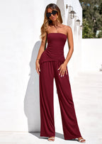 PRETTYGARDEN Summer Sets Women 2 Piece Outfits Asymmetrical Tube Tops and Pants Beach Vacation Airport Matching Lounge Set