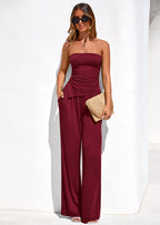 PRETTYGARDEN Summer Sets Women 2 Piece Outfits Asymmetrical Tube Tops and Pants Beach Vacation Airport Matching Lounge Set