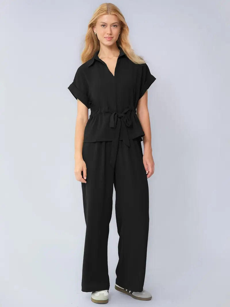 Two-Piece Set Women's Solid Versatile Minimalist Collared Top & Wide Leg Trousers
