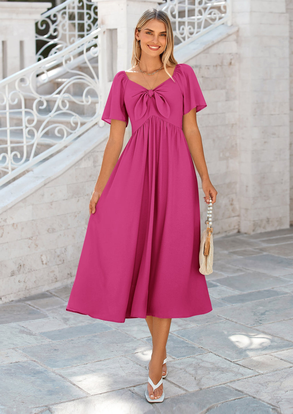 PRETTYGARDEN Summer Dress for Women Casual Short Sleeve Bow Tie V Neck Ruffle Midi Flowy Dresses