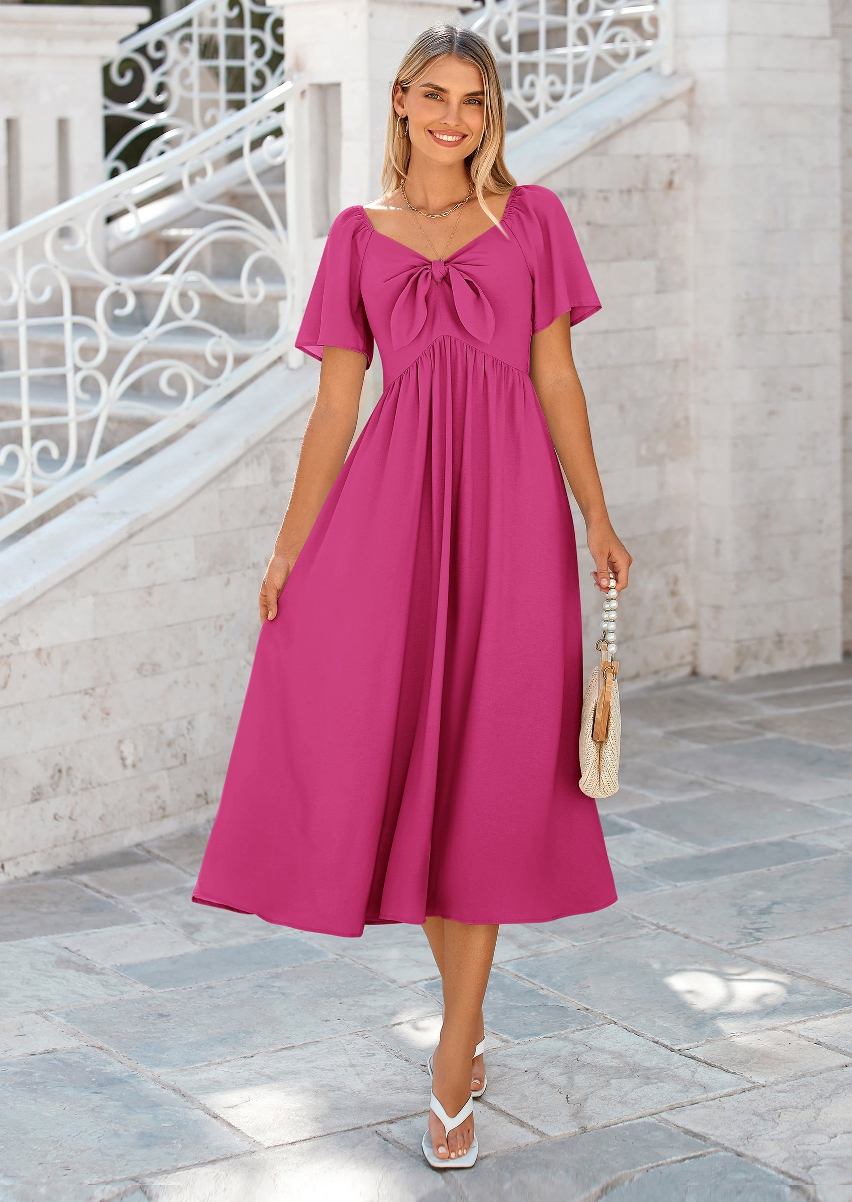 PRETTYGARDEN Summer Dress for Women Casual Short Sleeve Bow Tie V Neck Ruffle Midi Flowy Dresses