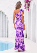 PRETTYGARDEN Womens Summer One Shoulder Maxi Dress Floral Sleeveless Bodycon Mesh Long Formal Wedding Guest Dresses