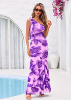 PRETTYGARDEN Womens Summer One Shoulder Maxi Dress Floral Sleeveless Bodycon Mesh Long Formal Wedding Guest Dresses