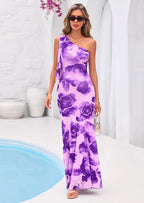 PRETTYGARDEN Womens Summer One Shoulder Maxi Dress Floral Sleeveless Bodycon Mesh Long Formal Wedding Guest Dresses