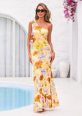 PRETTYGARDEN Womens Summer One Shoulder Maxi Dress Floral Sleeveless Bodycon Mesh Long Formal Wedding Guest Dresses