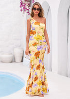 PRETTYGARDEN Womens Summer One Shoulder Maxi Dress Floral Sleeveless Bodycon Mesh Long Formal Wedding Guest Dresses