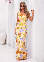 PRETTYGARDEN Womens Summer One Shoulder Maxi Dress Floral Sleeveless Bodycon Mesh Long Formal Wedding Guest Dresses