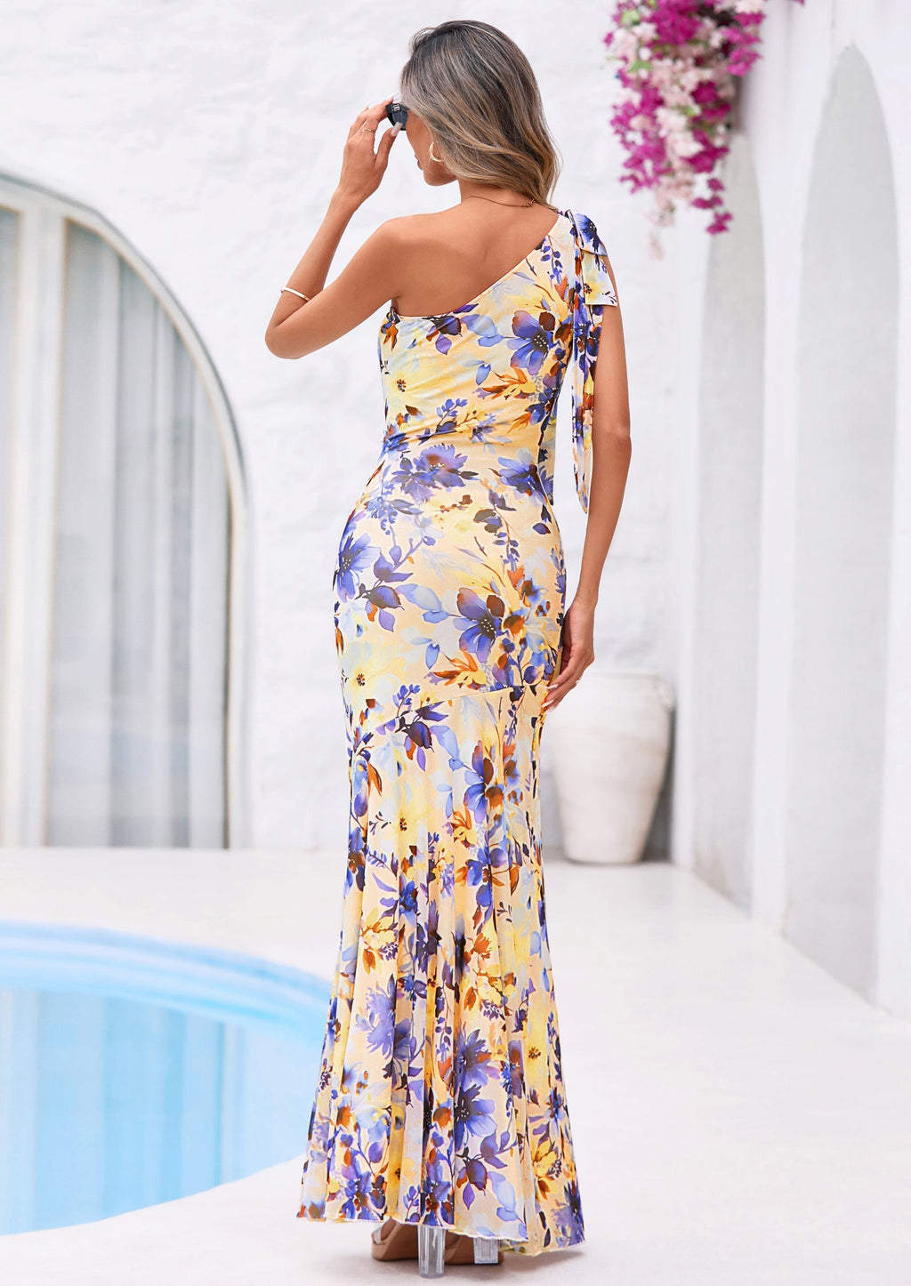 PRETTYGARDEN Womens Summer One Shoulder Maxi Dress Floral Sleeveless Bodycon Mesh Long Formal Wedding Guest Dresses
