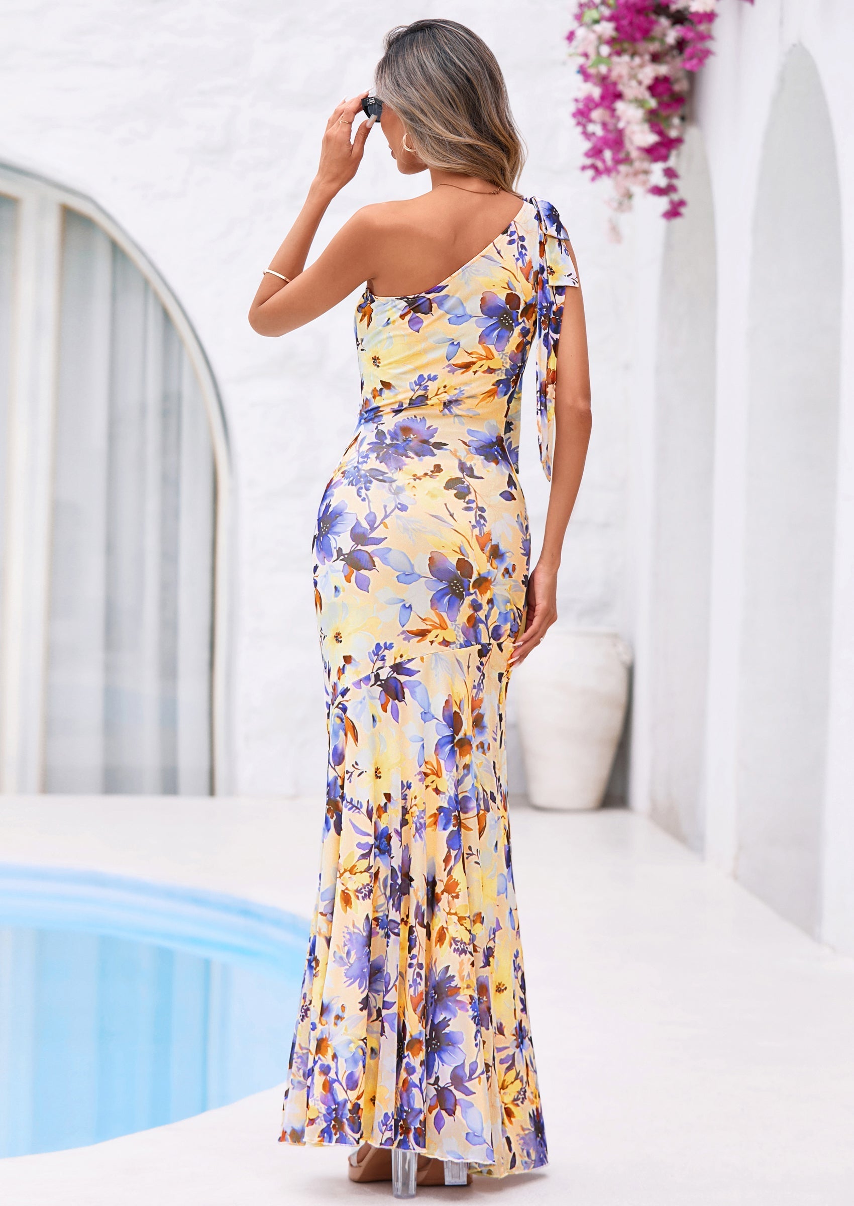PRETTYGARDEN Womens Summer One Shoulder Maxi Dress Floral Sleeveless Bodycon Mesh Long Formal Wedding Guest Dresses