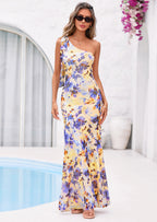 PRETTYGARDEN Womens Summer One Shoulder Maxi Dress Floral Sleeveless Bodycon Mesh Long Formal Wedding Guest Dresses