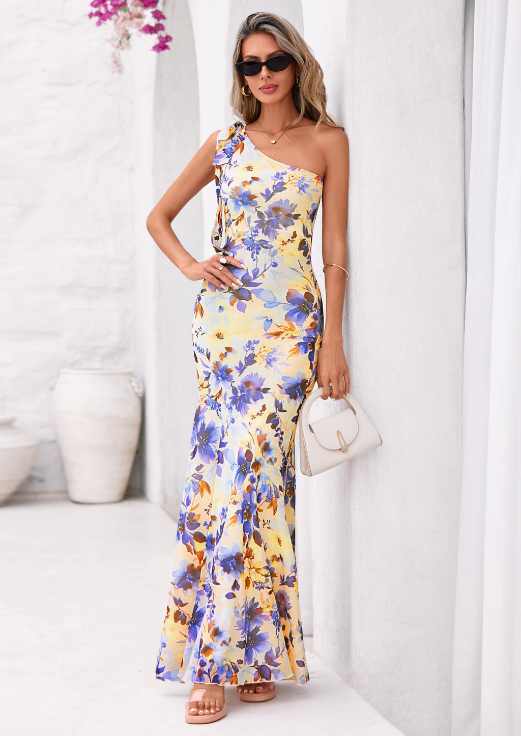 PRETTYGARDEN Womens Summer One Shoulder Maxi Dress Floral Sleeveless Bodycon Mesh Long Formal Wedding Guest Dresses