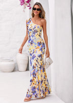 PRETTYGARDEN Womens Summer One Shoulder Maxi Dress Floral Sleeveless Bodycon Mesh Long Formal Wedding Guest Dresses