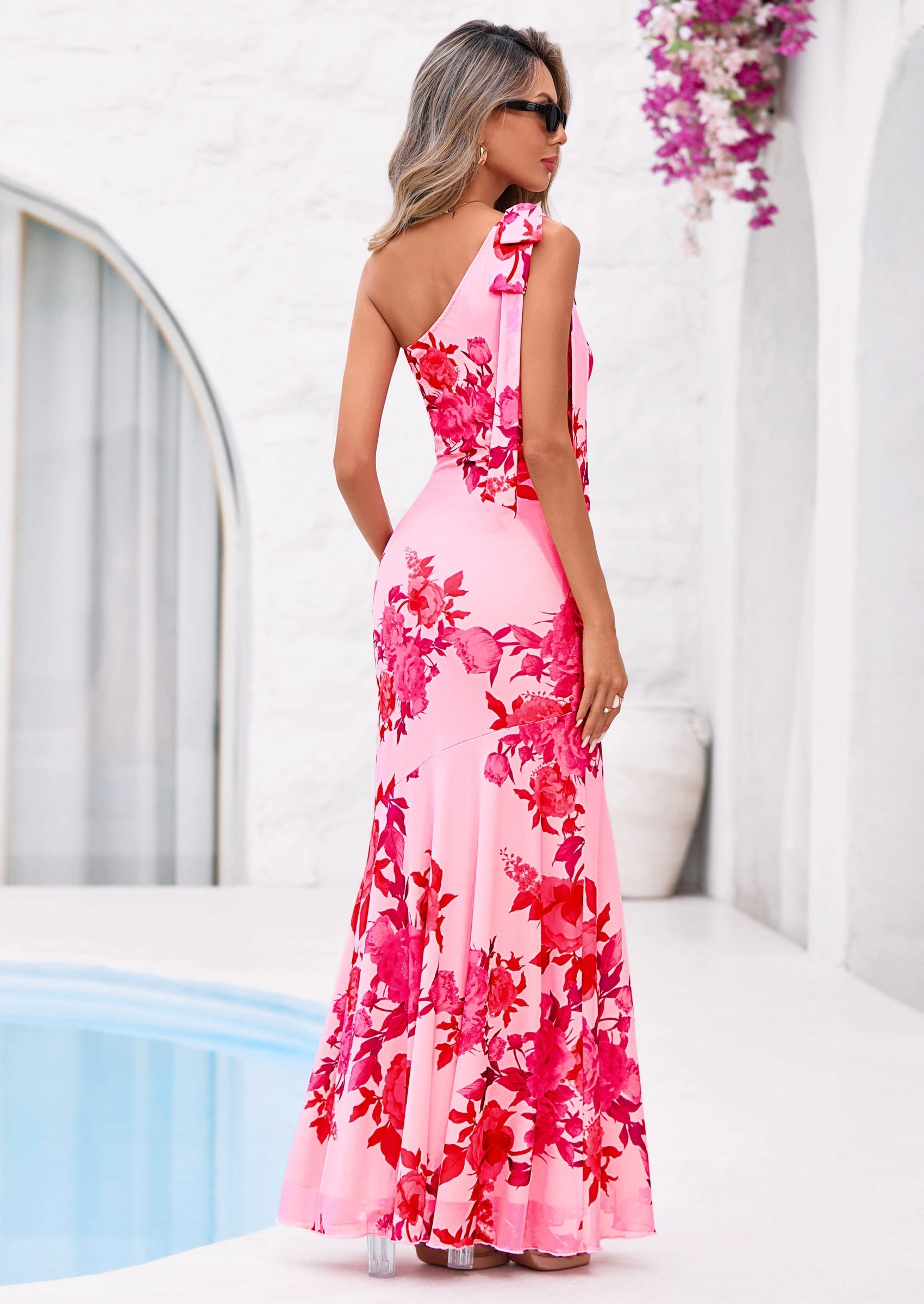 PRETTYGARDEN Womens Summer One Shoulder Maxi Dress Floral Sleeveless Bodycon Mesh Long Formal Wedding Guest Dresses