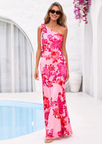PRETTYGARDEN Womens Summer One Shoulder Maxi Dress Floral Sleeveless Bodycon Mesh Long Formal Wedding Guest Dresses