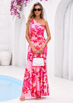 PRETTYGARDEN Womens Summer One Shoulder Maxi Dress Floral Sleeveless Bodycon Mesh Long Formal Wedding Guest Dresses