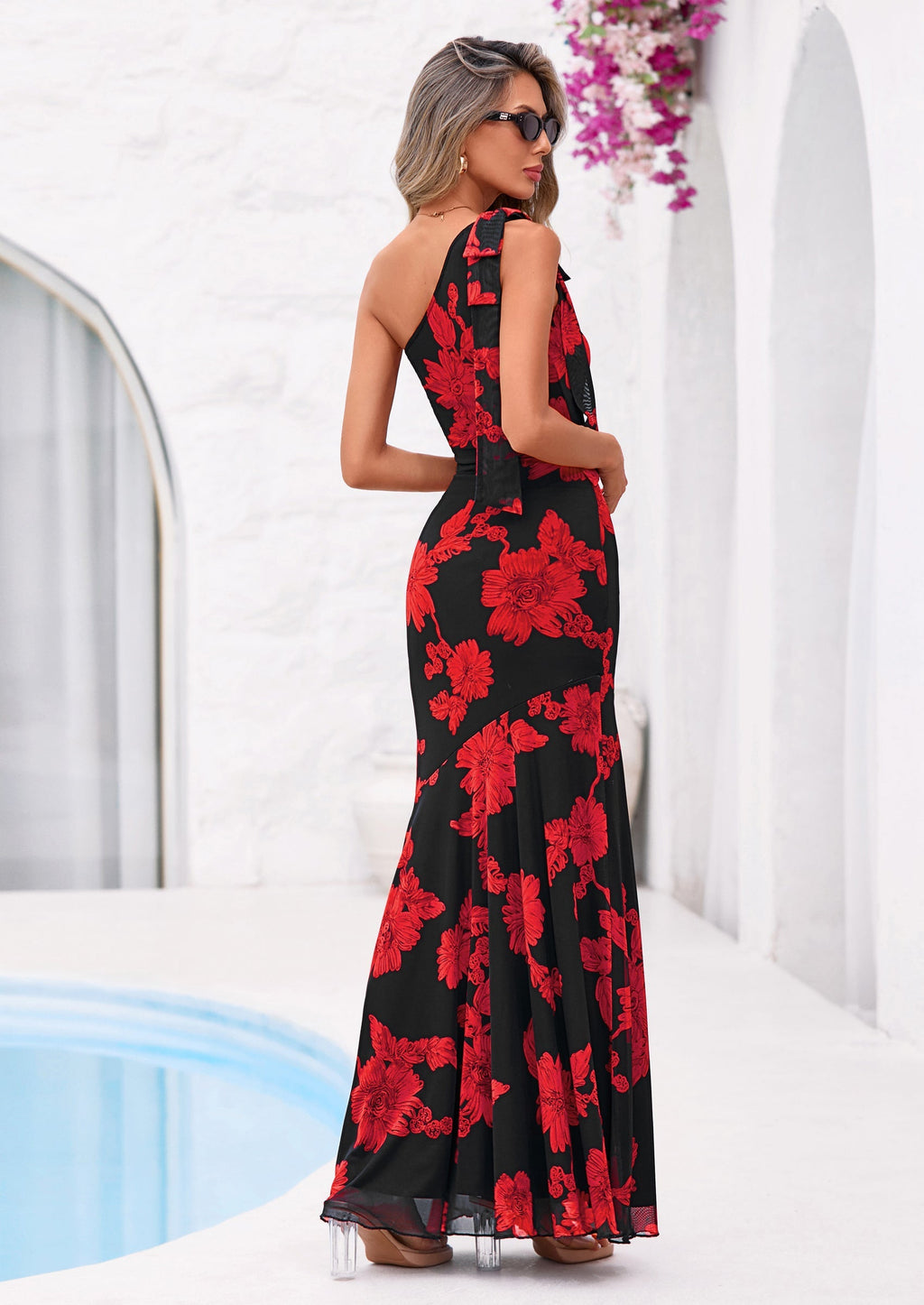 PRETTYGARDEN Womens Summer One Shoulder Maxi Dress Floral Sleeveless Bodycon Mesh Long Formal Wedding Guest Dresses