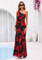PRETTYGARDEN Womens Summer One Shoulder Maxi Dress Floral Sleeveless Bodycon Mesh Long Formal Wedding Guest Dresses