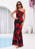 PRETTYGARDEN Womens Summer One Shoulder Maxi Dress Floral Sleeveless Bodycon Mesh Long Formal Wedding Guest Dresses