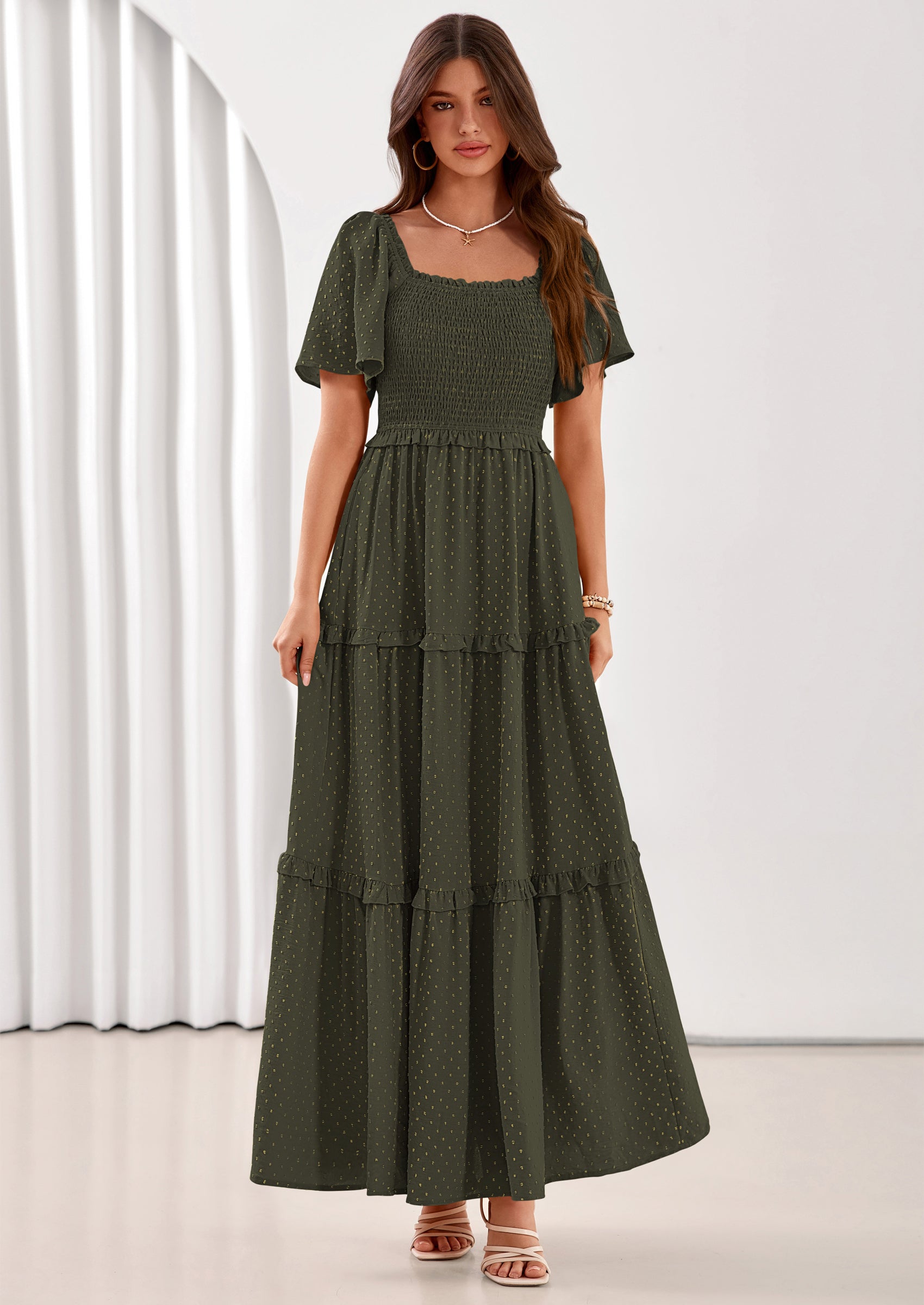 PRETTYGARDEN Summer Dresses for Women Boho Swiss Dot Smocked Square Neck Short Sleeve Spring Wedding Guest Maxi Dress