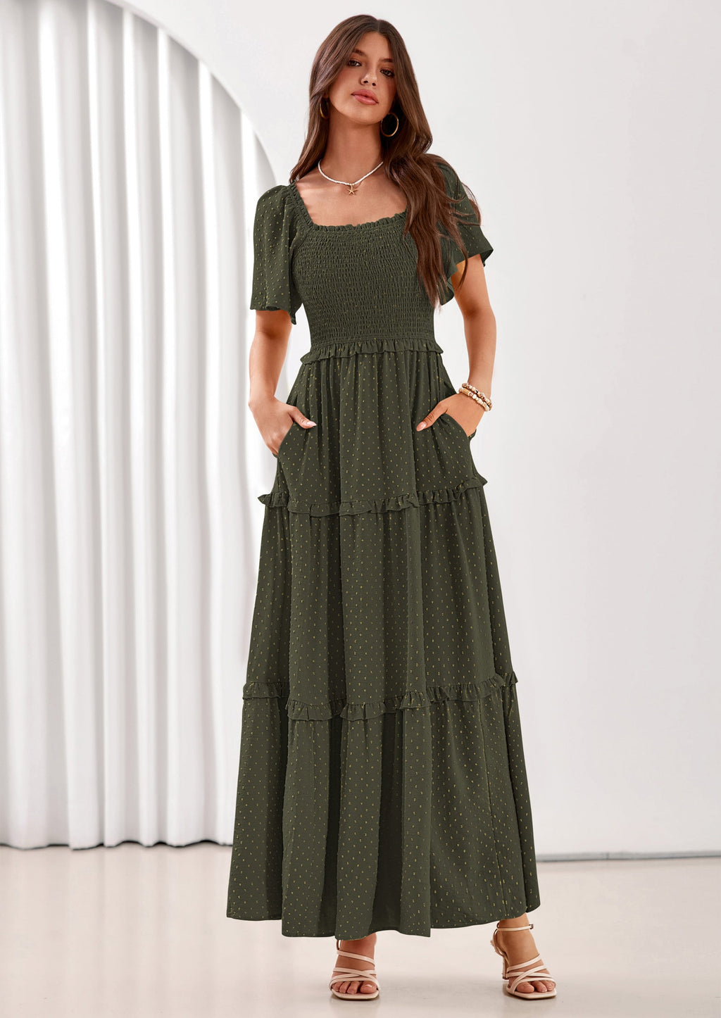 PRETTYGARDEN Summer Dresses for Women Boho Swiss Dot Smocked Square Neck Short Sleeve Spring Wedding Guest Maxi Dress