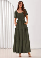 PRETTYGARDEN Summer Dresses for Women Boho Swiss Dot Smocked Square Neck Short Sleeve Spring Wedding Guest Maxi Dress