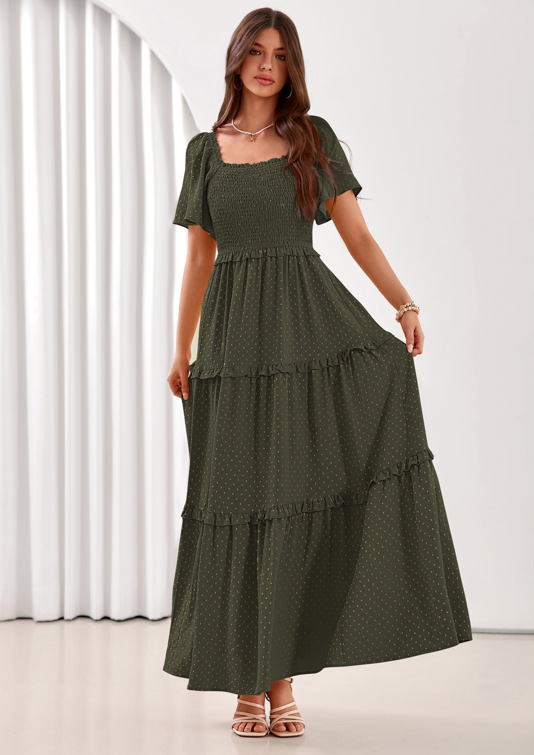 PRETTYGARDEN Summer Dresses for Women Boho Swiss Dot Smocked Square Neck Short Sleeve Spring Wedding Guest Maxi Dress