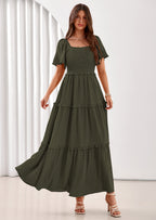 PRETTYGARDEN Summer Dresses for Women Boho Swiss Dot Smocked Square Neck Short Sleeve Spring Wedding Guest Maxi Dress