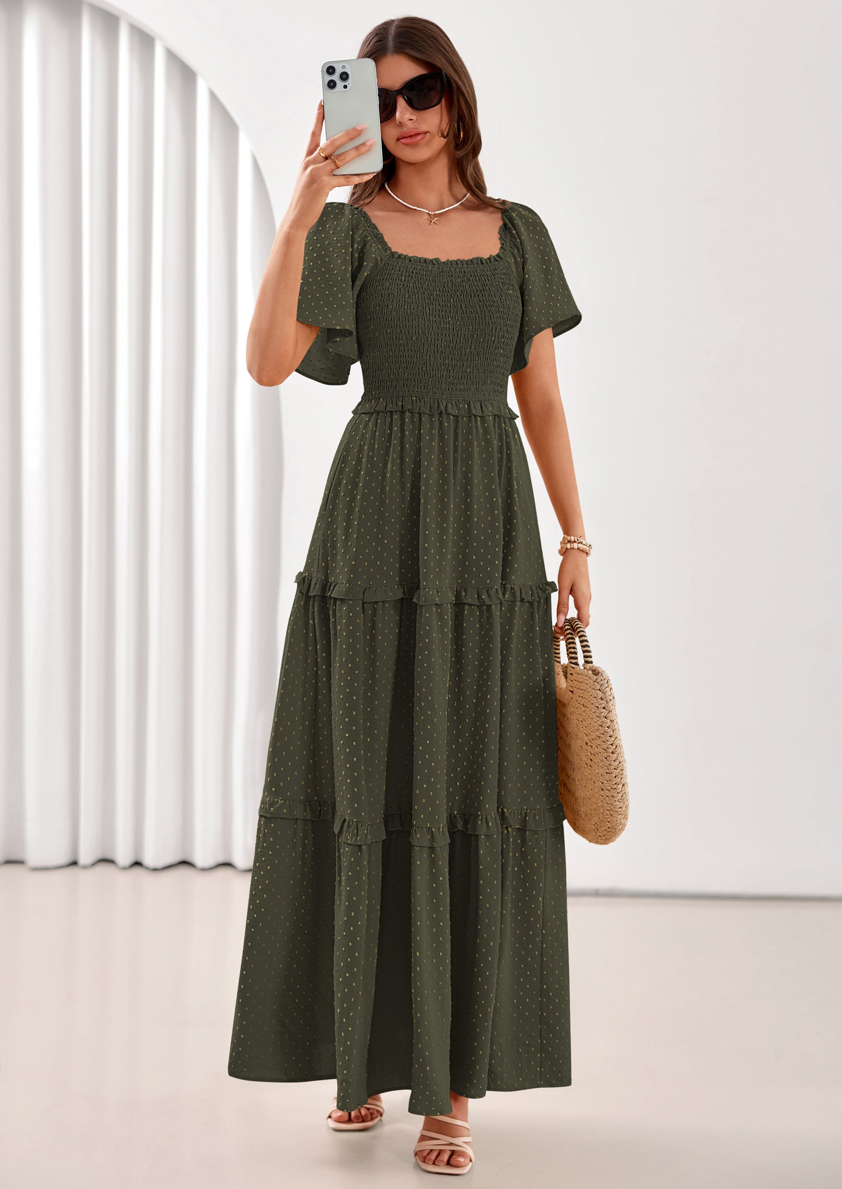 PRETTYGARDEN Summer Dresses for Women Boho Swiss Dot Smocked Square Neck Short Sleeve Spring Wedding Guest Maxi Dress