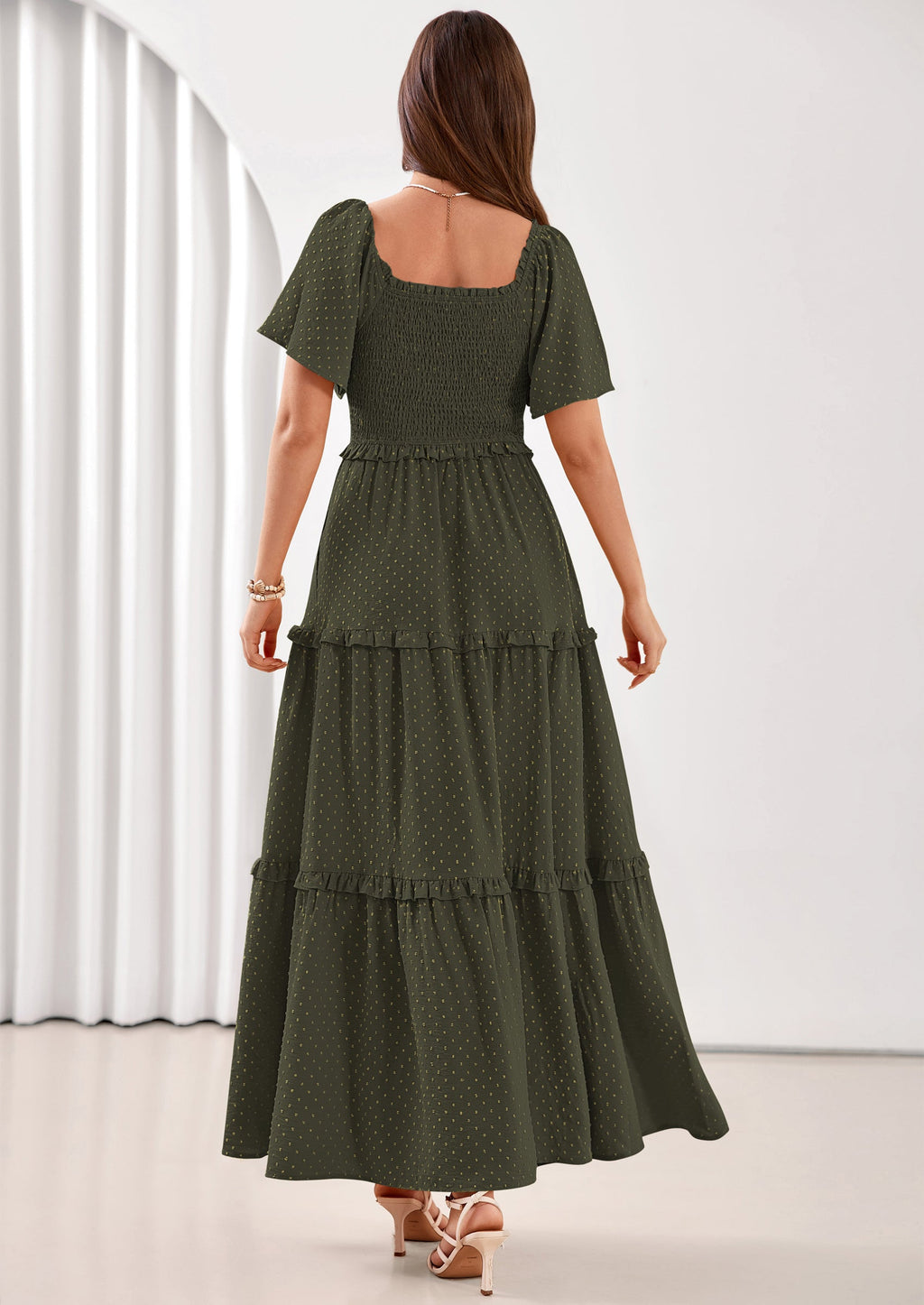PRETTYGARDEN Summer Dresses for Women Boho Swiss Dot Smocked Square Neck Short Sleeve Spring Wedding Guest Maxi Dress