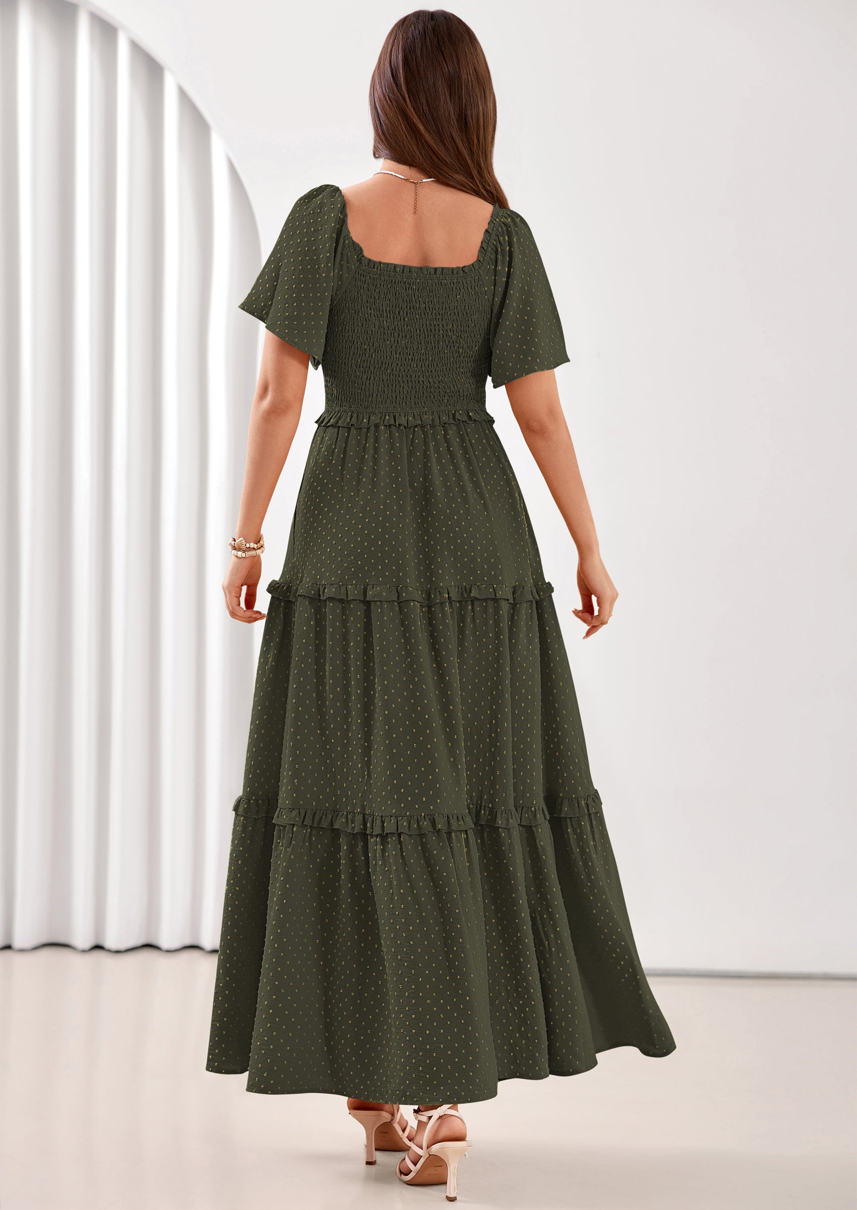 PRETTYGARDEN Summer Dresses for Women Boho Swiss Dot Smocked Square Neck Short Sleeve Spring Wedding Guest Maxi Dress