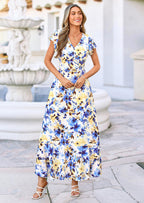 PRETTYGARDEN Wedding Guest Dresses for Women Spring Summer Short Sleeve Ruffle V Neck Floral Flowy Beach Maxi Long Dress