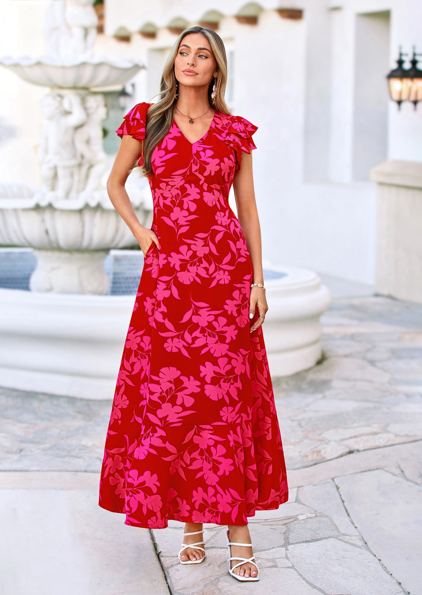 PRETTYGARDEN Wedding Guest Dresses for Women Spring Summer Short Sleeve Ruffle V Neck Floral Flowy Beach Maxi Long Dress