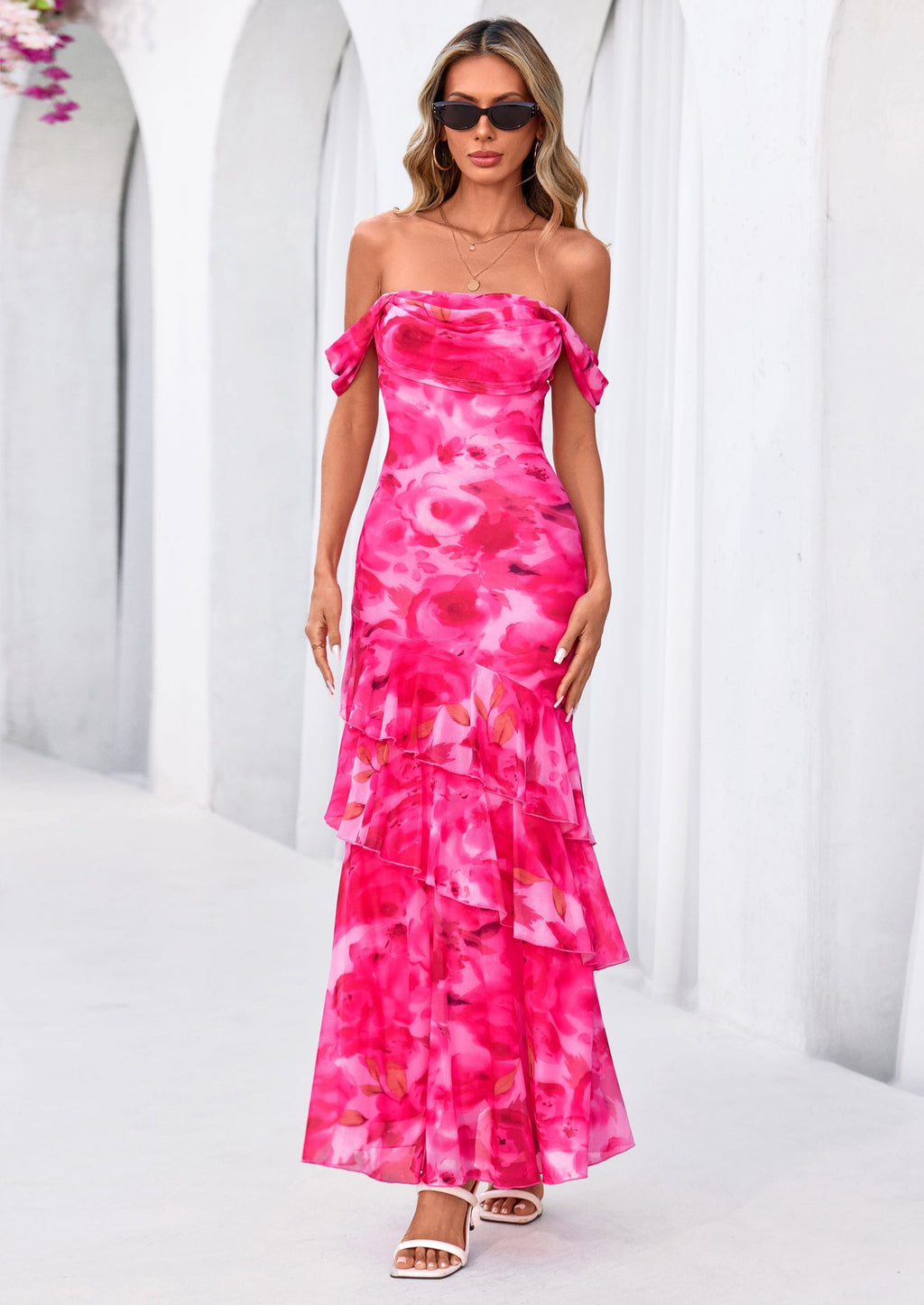 PRETTYGARDEN Women's Formal Cocktail Maxi Dresses Summer Off Shoulder Floral Mesh Bodycon Spring Wedding Guest Dress