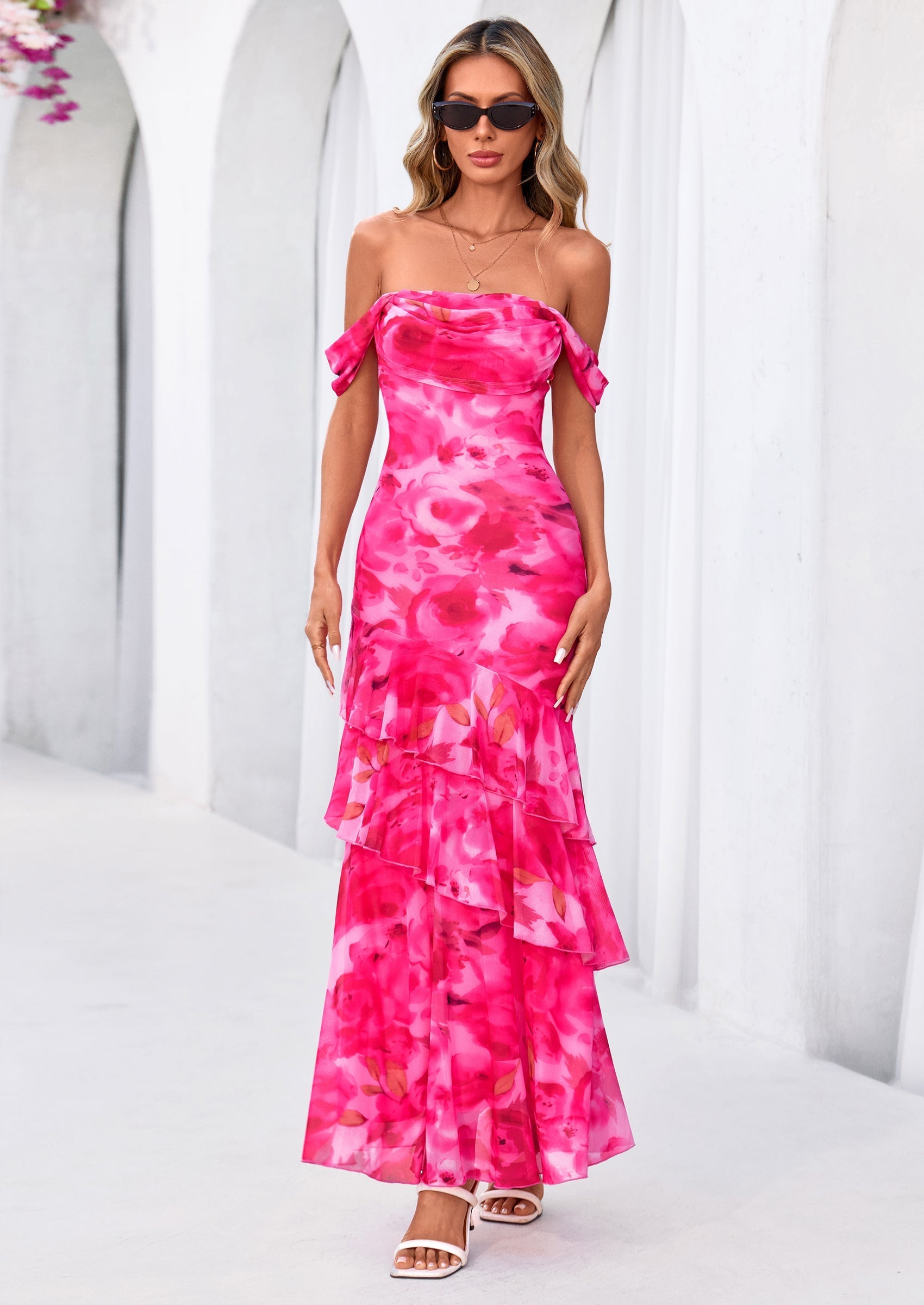 PRETTYGARDEN Women's Formal Cocktail Maxi Dresses Summer Off Shoulder Floral Mesh Bodycon Spring Wedding Guest Dress