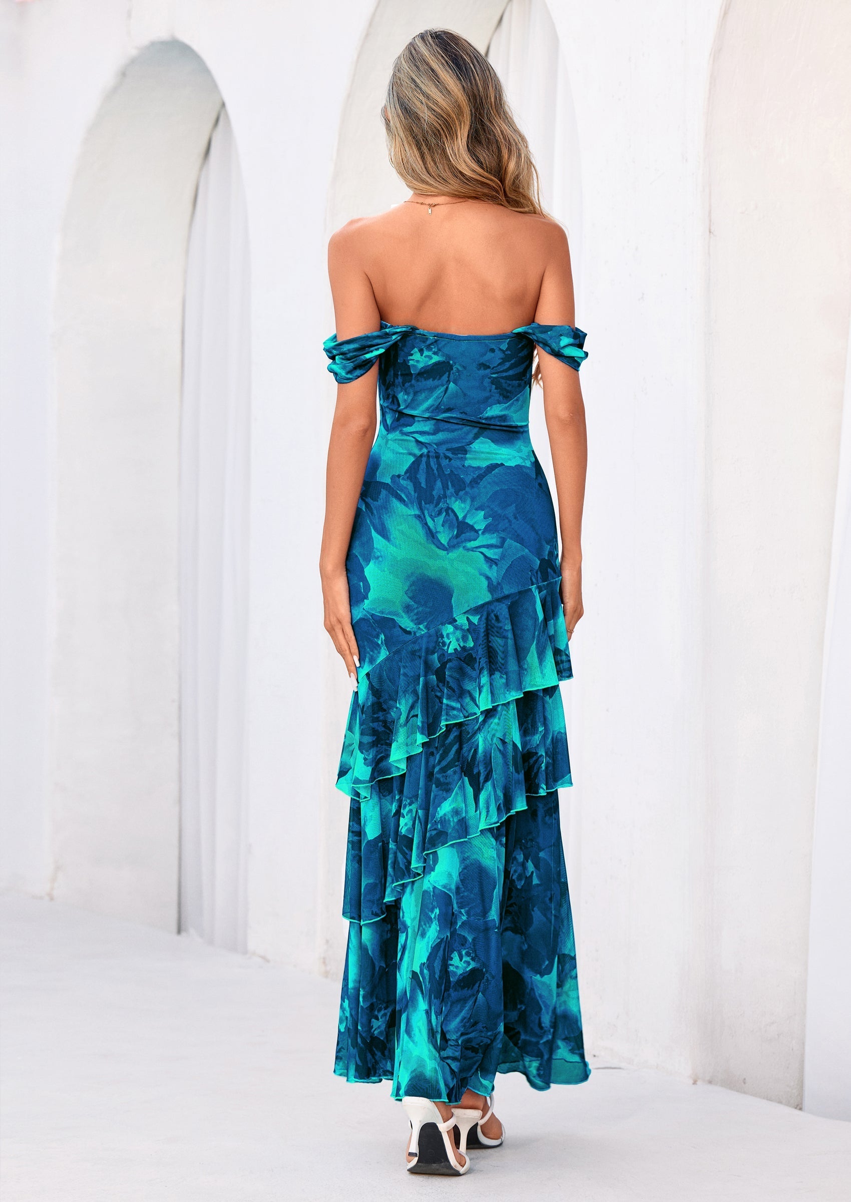 PRETTYGARDEN Women's Formal Cocktail Maxi Dresses Summer Off Shoulder Floral Mesh Bodycon Spring Wedding Guest Dress