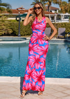 PRETTYGARDEN Women's Summer Cowl Neck Floral Maxi Dress Sleeveless Bodycon Beach Vacation Long Party Wedding Guest Dresses