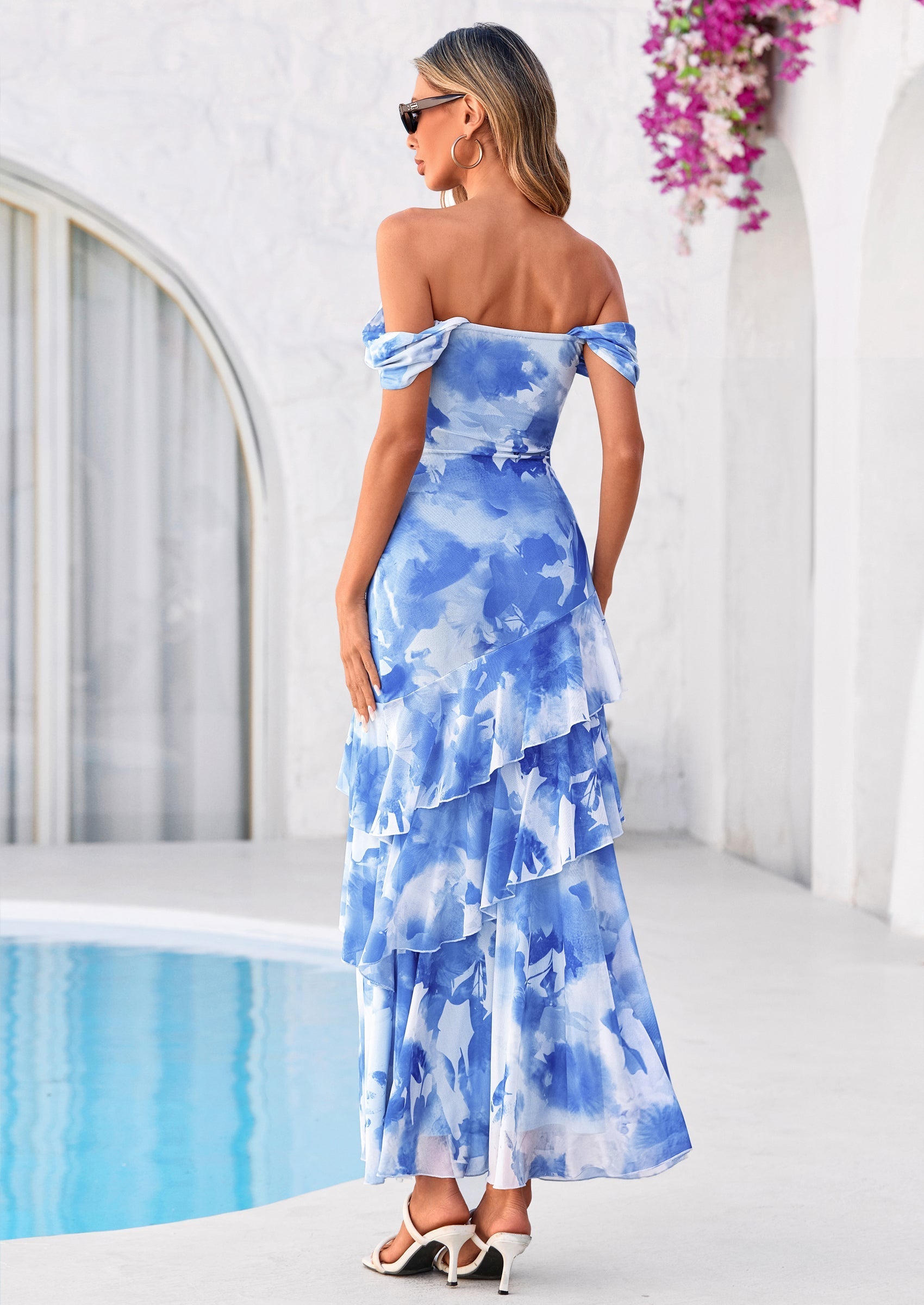PRETTYGARDEN Women's Formal Cocktail Maxi Dresses Summer Off Shoulder Floral Mesh Bodycon Spring Wedding Guest Dress