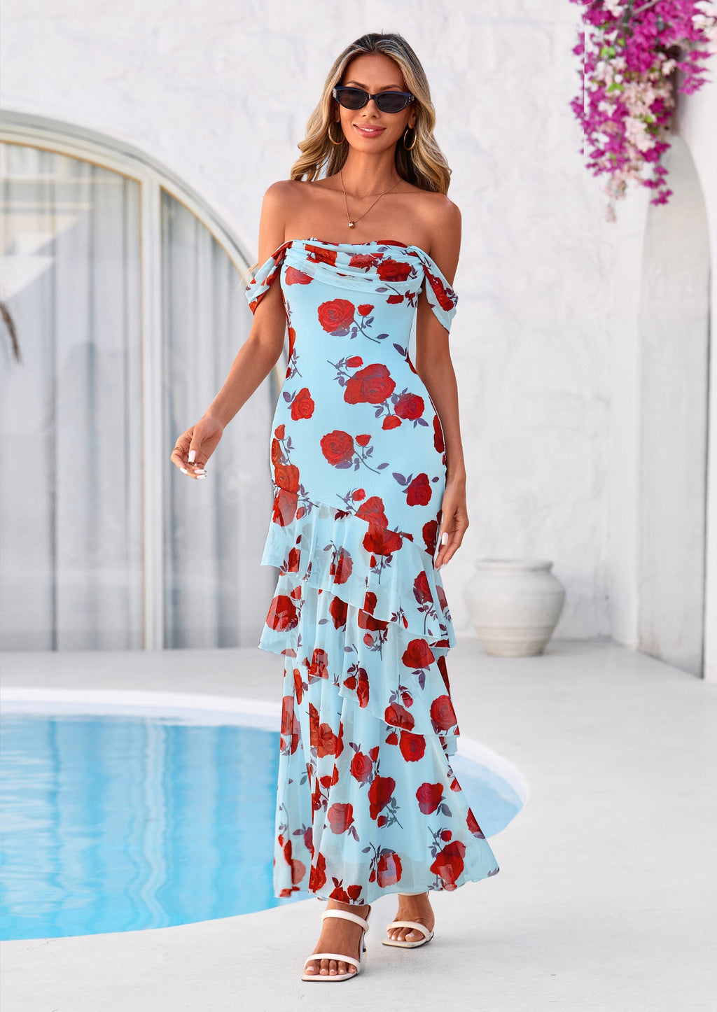PRETTYGARDEN Women's Formal Cocktail Maxi Dresses Summer Off Shoulder Floral Mesh Bodycon Spring Wedding Guest Dress