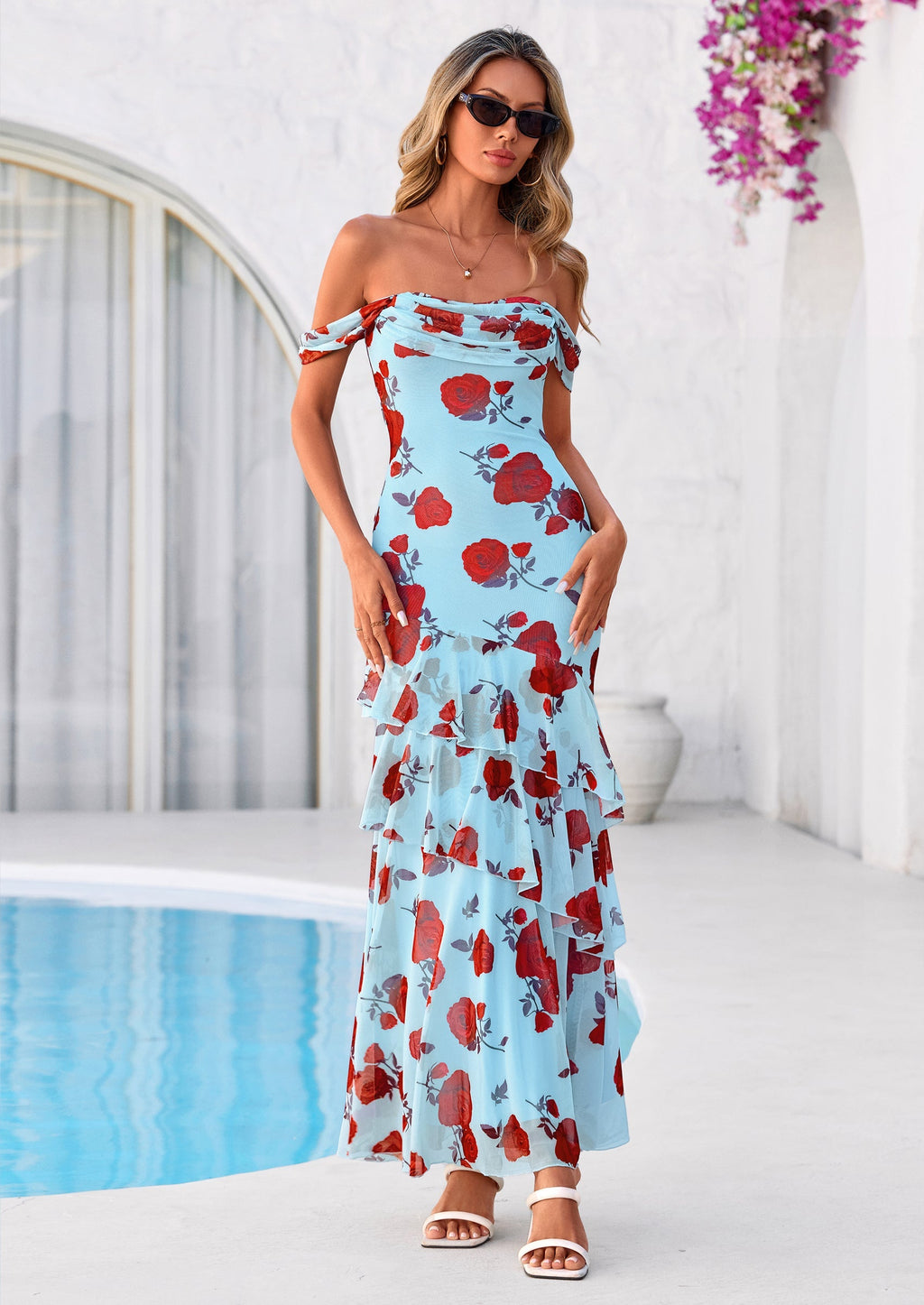 PRETTYGARDEN Women's Formal Cocktail Maxi Dresses Summer Off Shoulder Floral Mesh Bodycon Spring Wedding Guest Dress