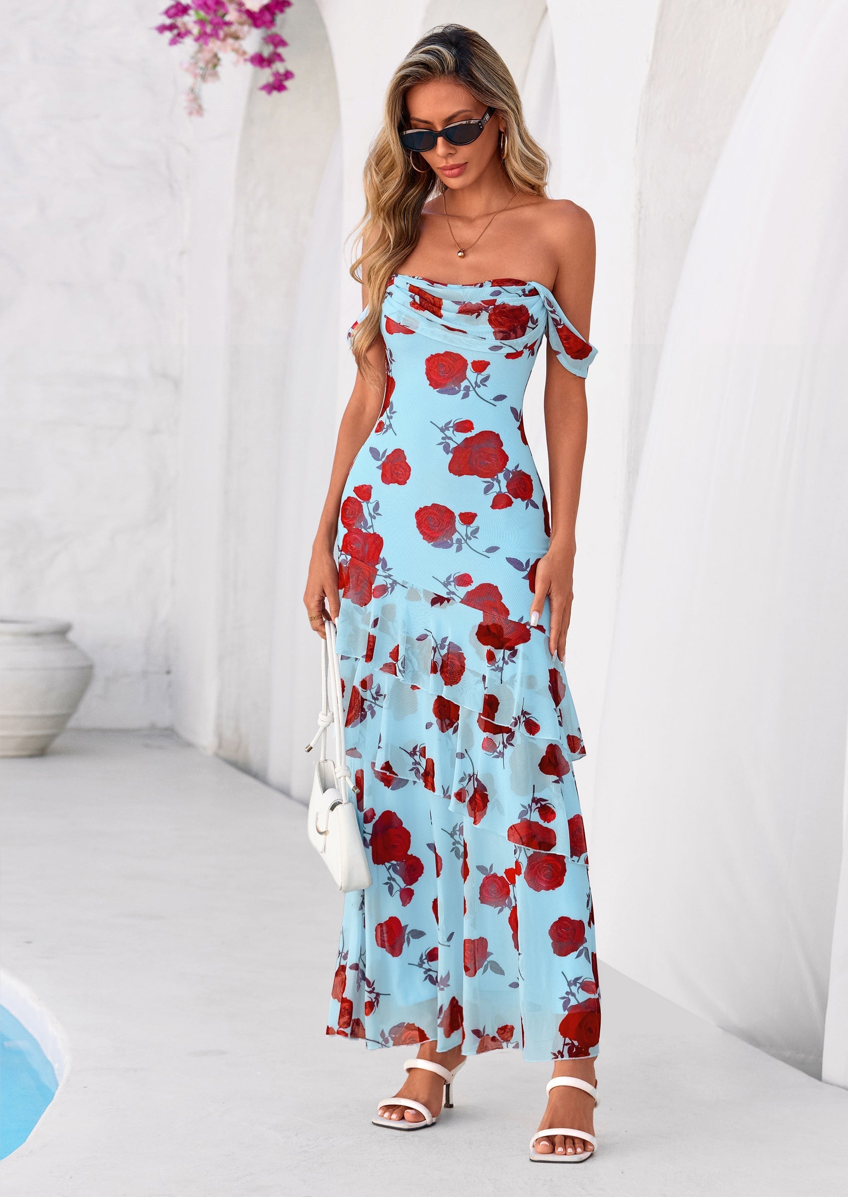 PRETTYGARDEN Women's Formal Cocktail Maxi Dresses Summer Off Shoulder Floral Mesh Bodycon Spring Wedding Guest Dress
