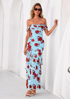 PRETTYGARDEN Women's Formal Cocktail Maxi Dresses Summer Off Shoulder Floral Mesh Bodycon Spring Wedding Guest Dress