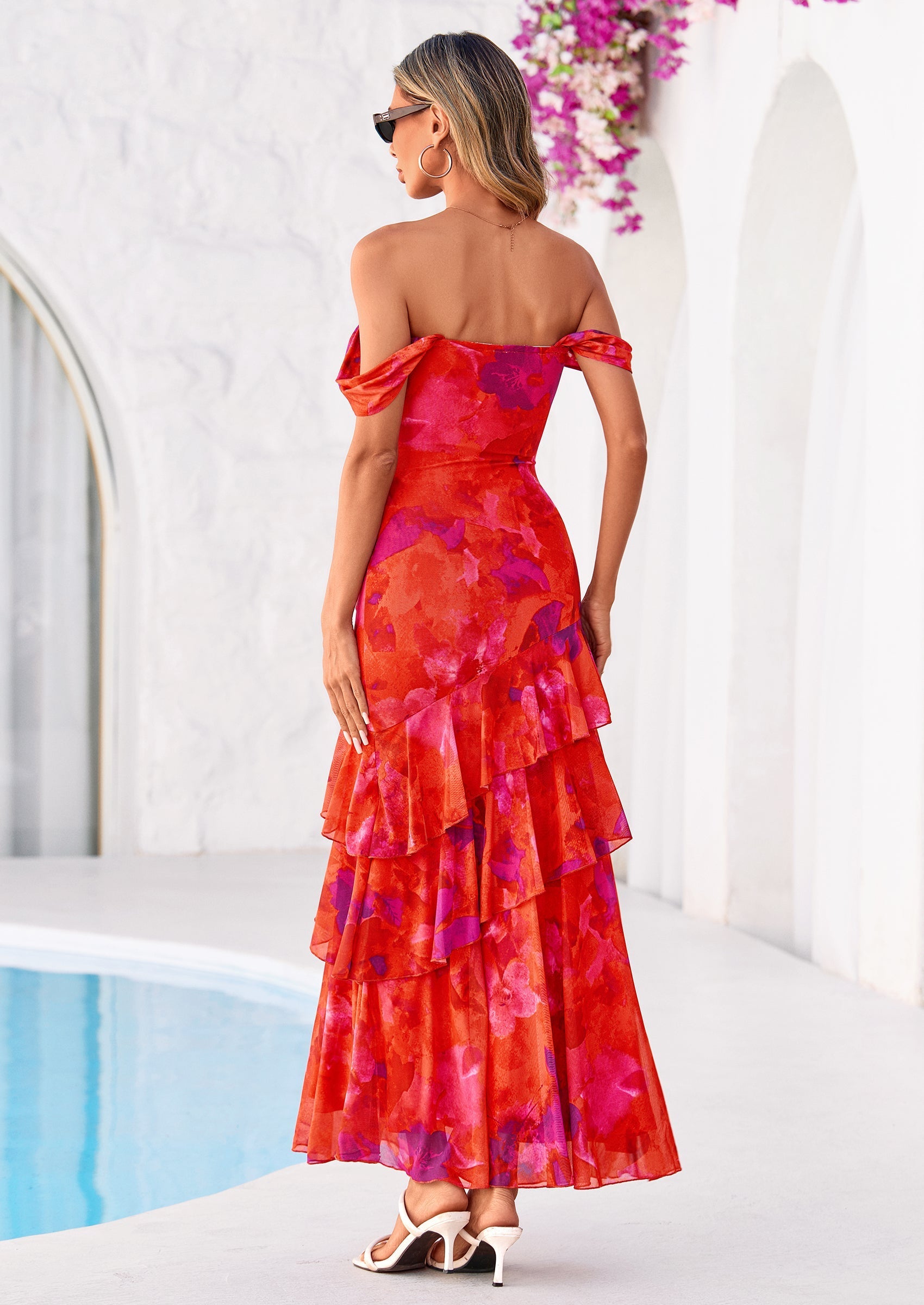 PRETTYGARDEN Women's Formal Cocktail Maxi Dresses Summer Off Shoulder Floral Mesh Bodycon Spring Wedding Guest Dress