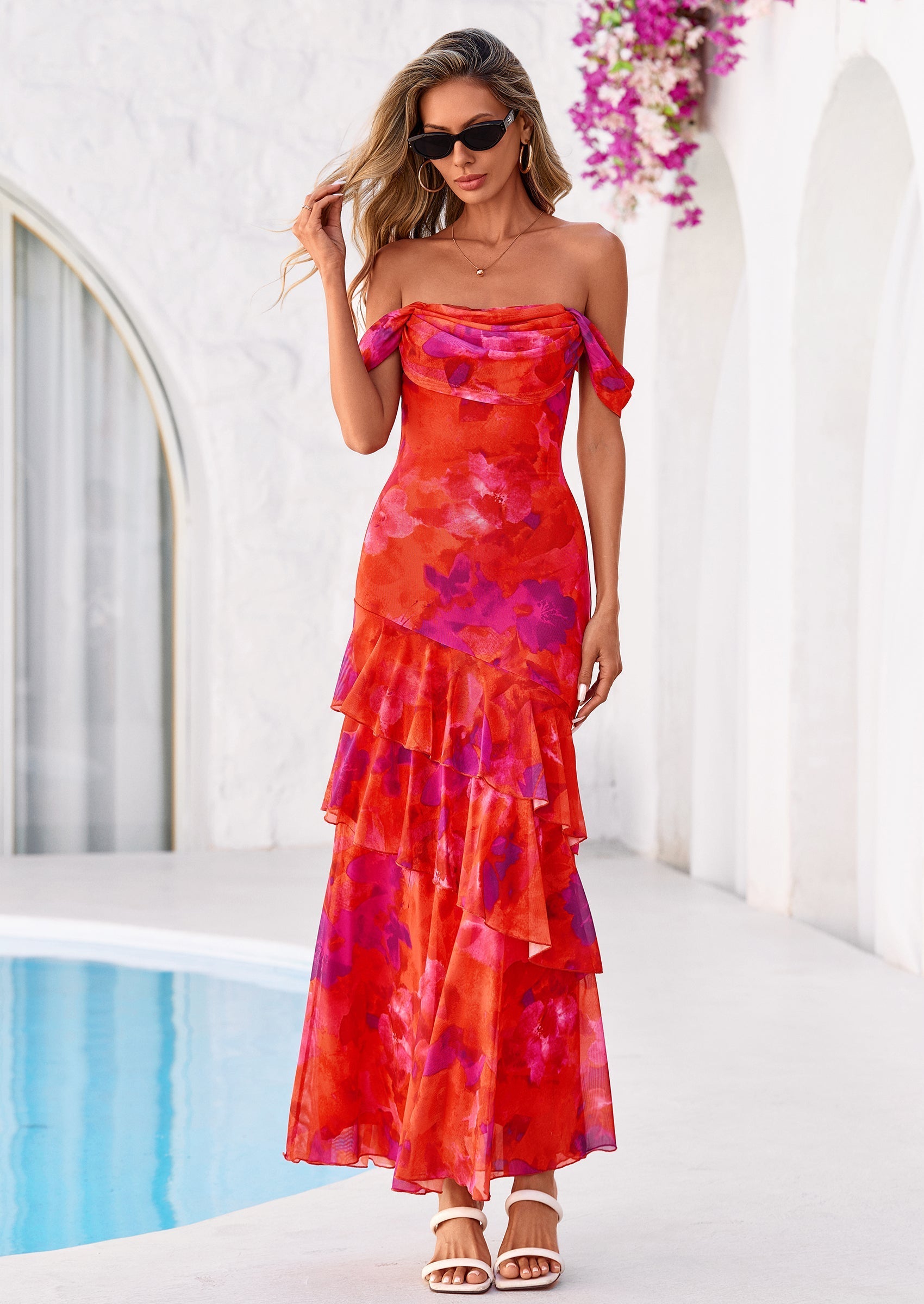 PRETTYGARDEN Women's Formal Cocktail Maxi Dresses Summer Off Shoulder Floral Mesh Bodycon Spring Wedding Guest Dress