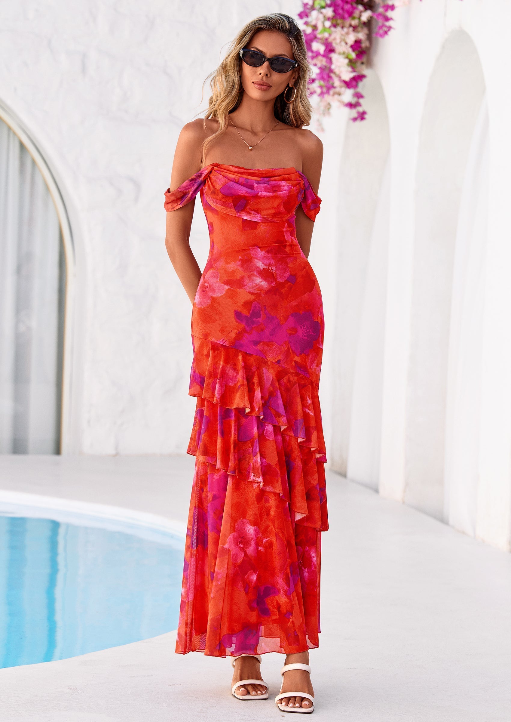 PRETTYGARDEN Women's Formal Cocktail Maxi Dresses Summer Off Shoulder Floral Mesh Bodycon Spring Wedding Guest Dress