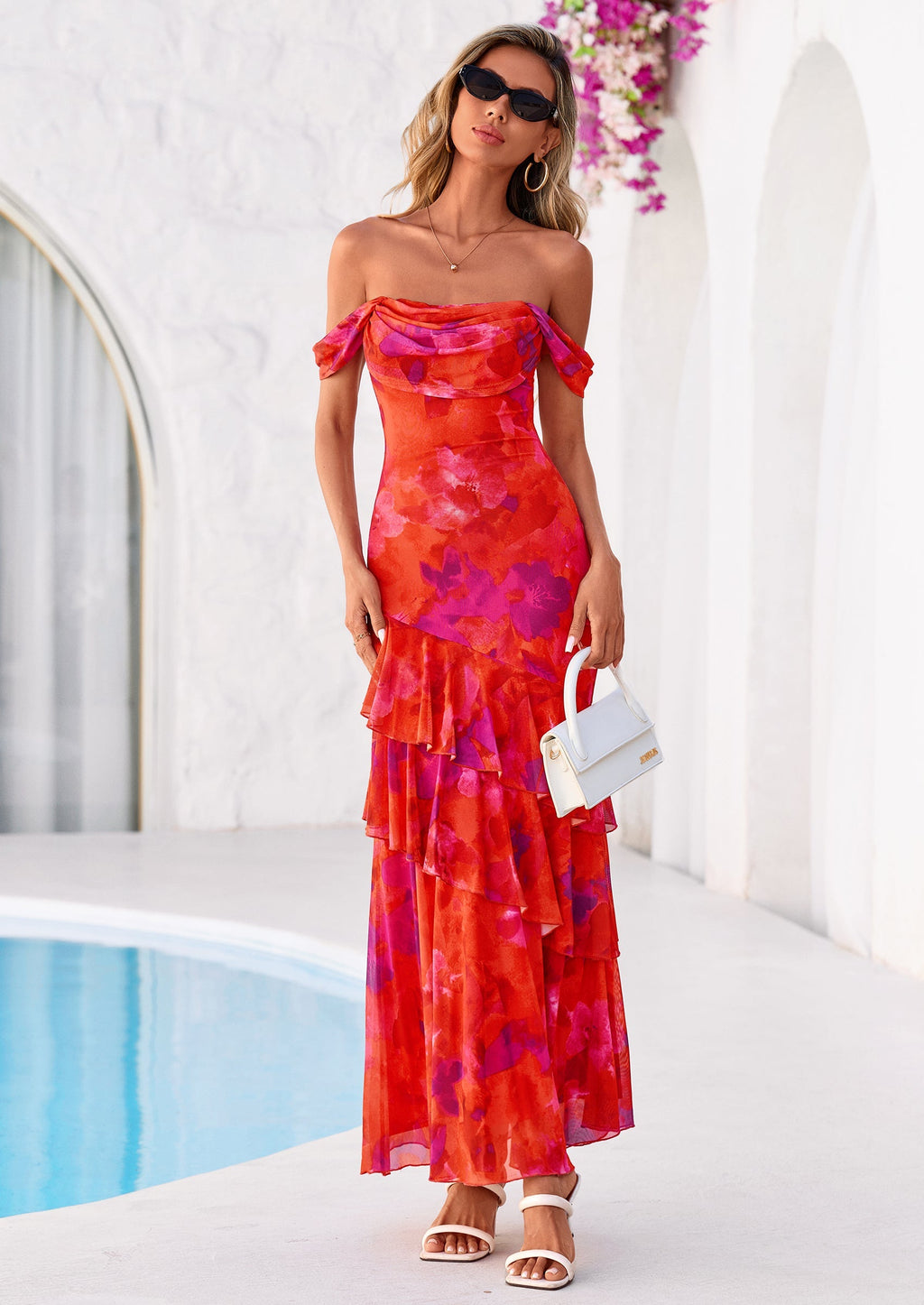 PRETTYGARDEN Women's Formal Cocktail Maxi Dresses Summer Off Shoulder Floral Mesh Bodycon Spring Wedding Guest Dress