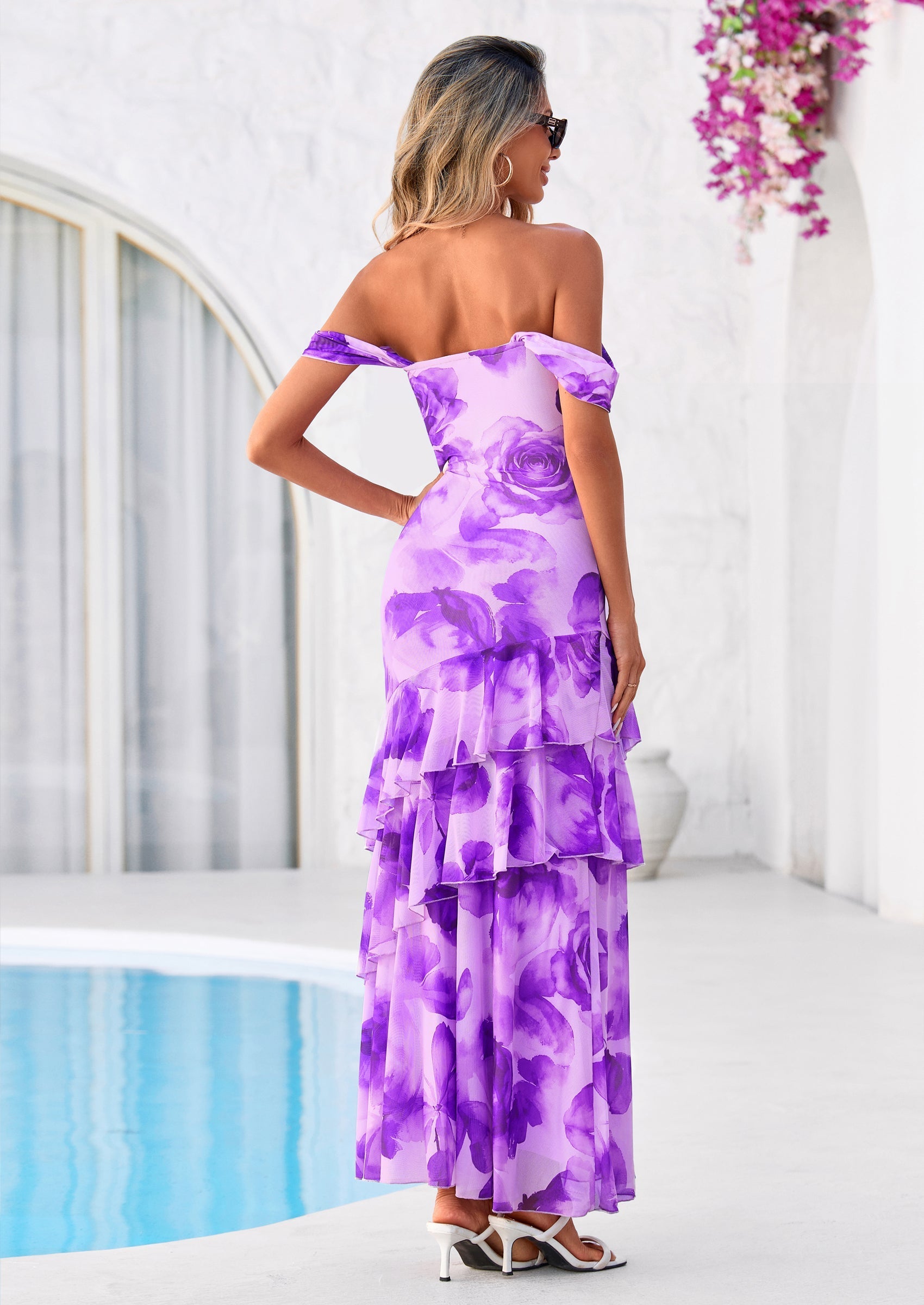 PRETTYGARDEN Women's Formal Cocktail Maxi Dresses Summer Off Shoulder Floral Mesh Bodycon Spring Wedding Guest Dress